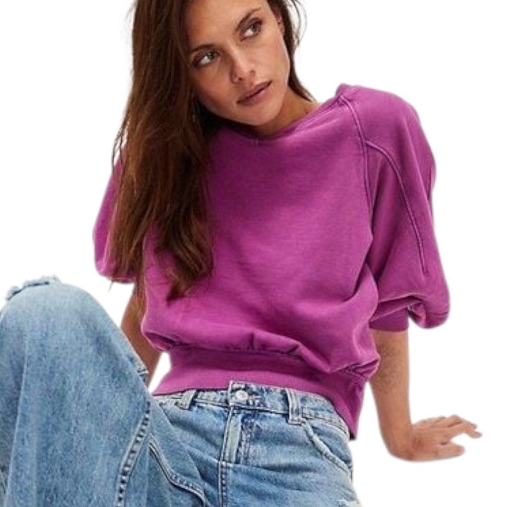 Free People On It Cropped Sweatshirt Purple Balloon Sleeve Oversized Small NWT